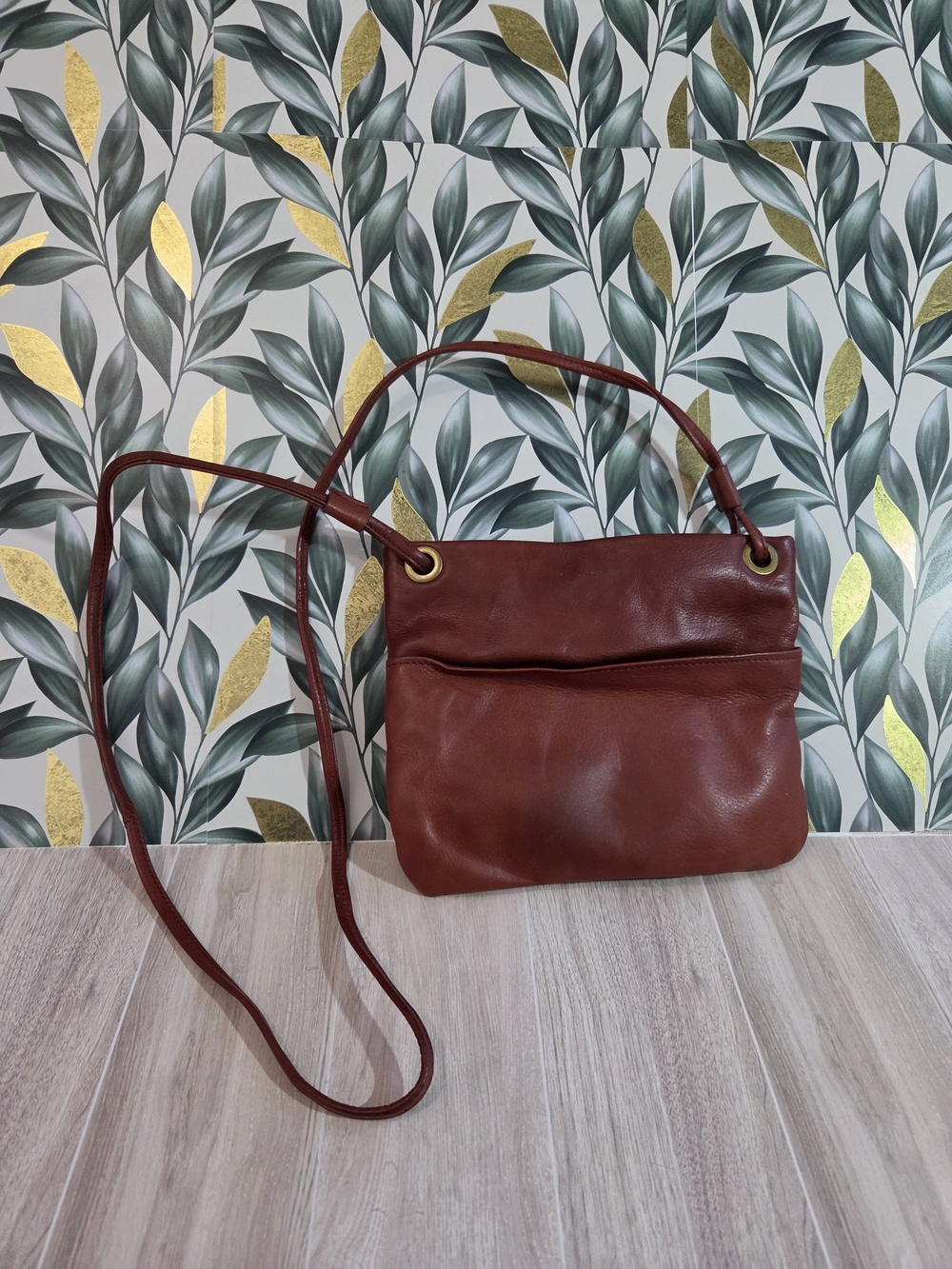 Margot New York Cognac Leather Crossbody Pouch Purse Grommet 7.5x9"